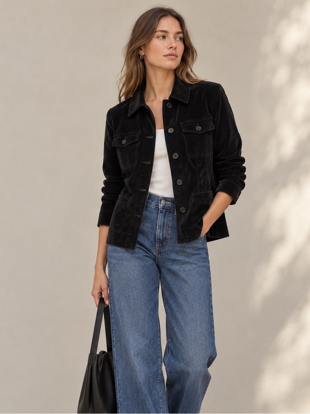 EUC Black Velvet Stretch Utility Cargo Jacket Cotton | Button Front Size 8